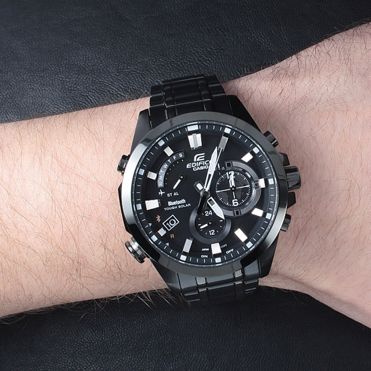 QUARTZ WATERPROOF SPORTS EDIFICE SOLAR POWERED STAINLESS STEEL STRAP MENS BLACK ANALOG EQB-510DC-1A