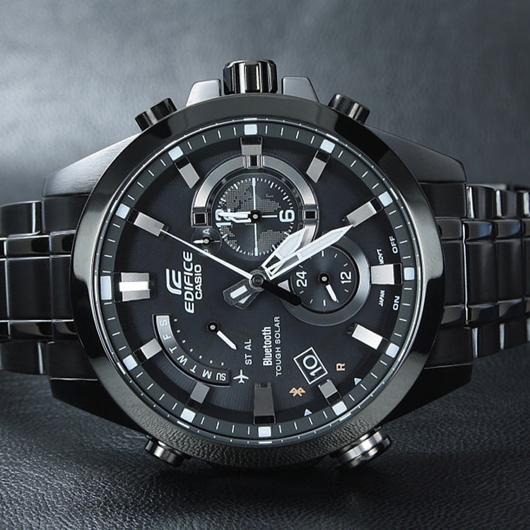 QUARTZ WATERPROOF SPORTS EDIFICE SOLAR POWERED STAINLESS STEEL STRAP MENS BLACK ANALOG EQB-510DC-1A